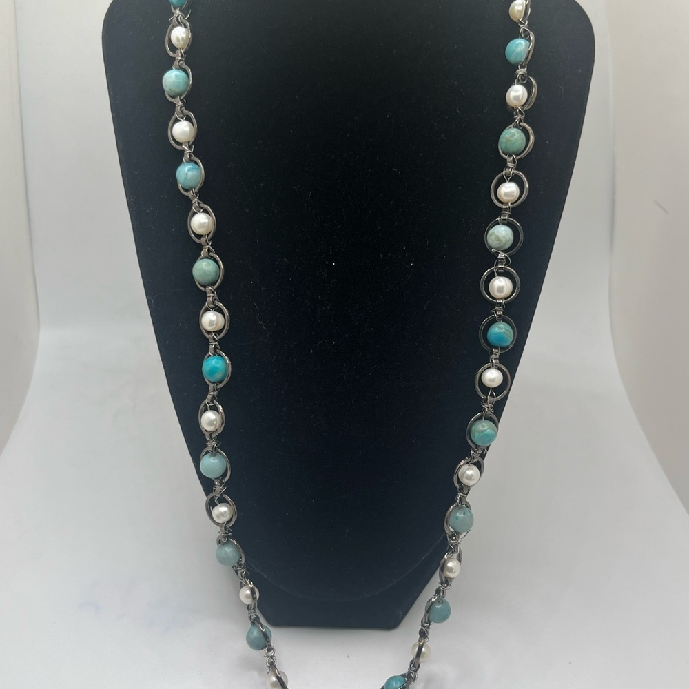 Vintage Style Link Necklace with Real Pearls & Blue-Green Stone Beads 26”